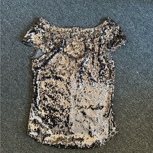 Free People Glittering Sequin Short Sleeve Top - Black and Silver